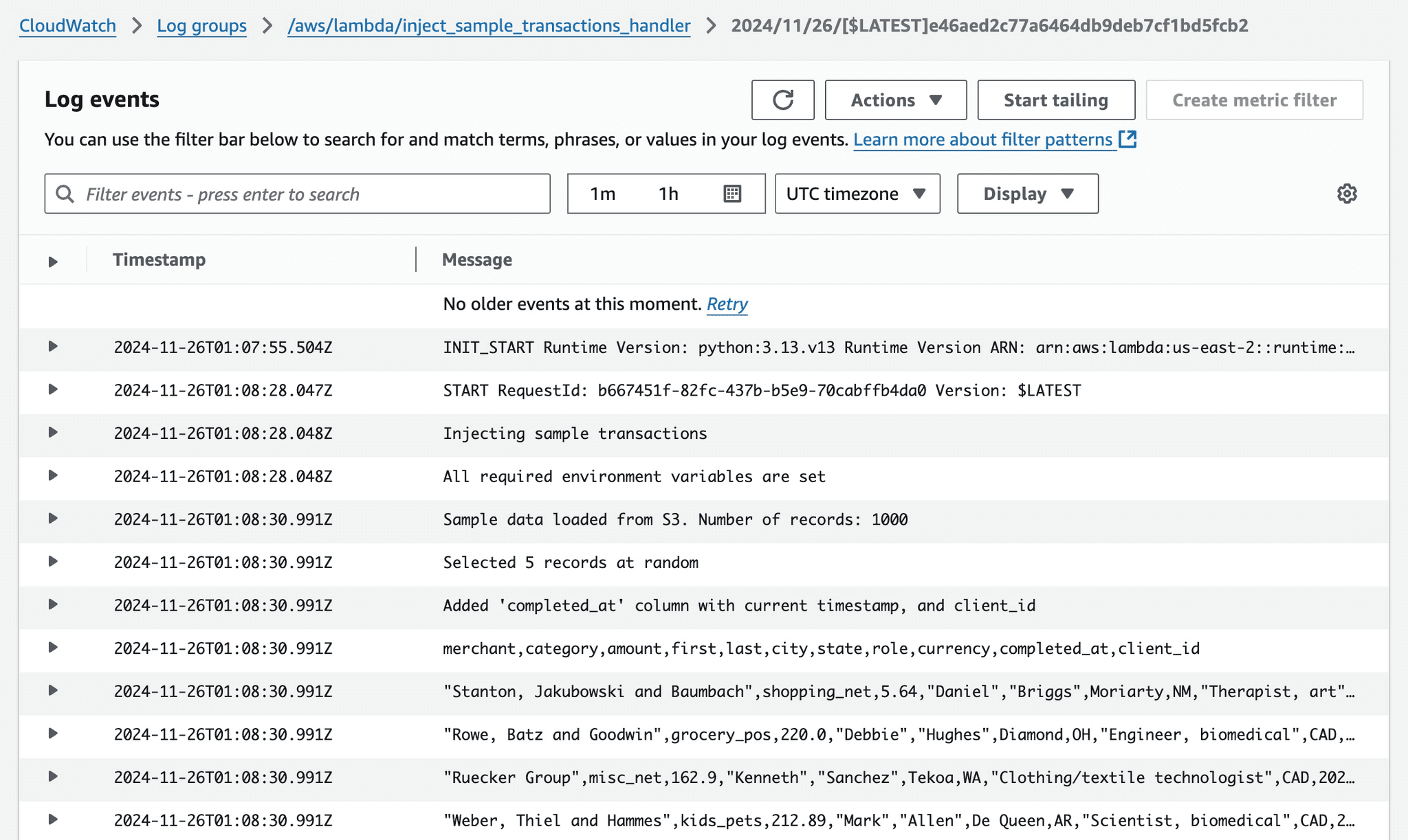 Transac AI - Demo Transactions Injector Lambda Logs