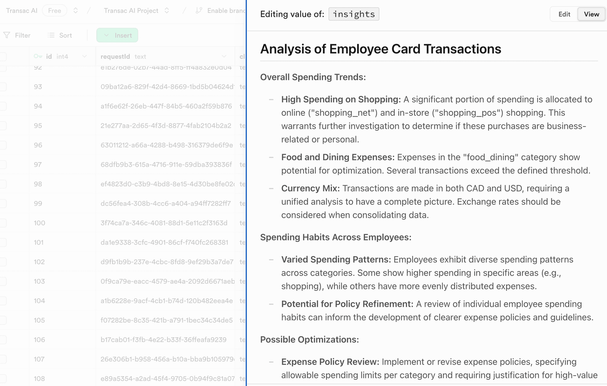 Transac AI - Demo Insights Database